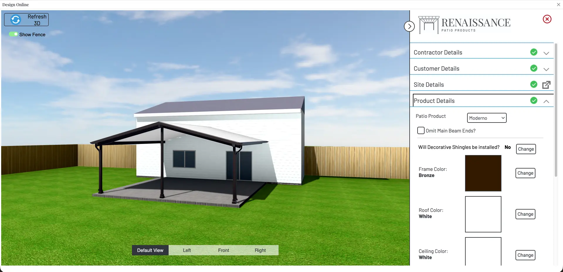 Renaissance Patio Design Online 3D tool showing a modern patio cover configuration