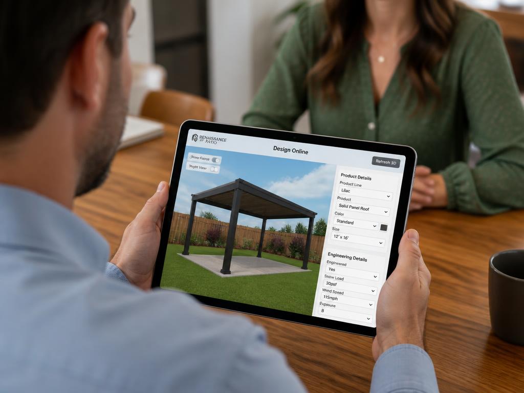 Sales rep showing a 3D patio design on an iPad to homeowners