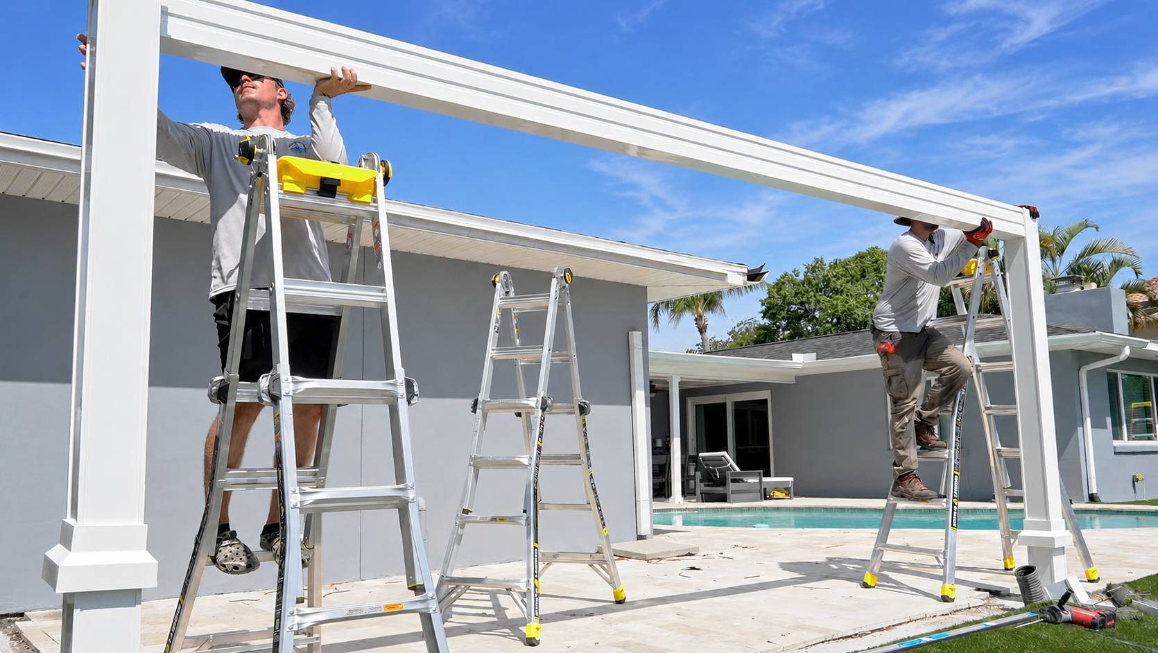 Contractor crew installing a patio cover