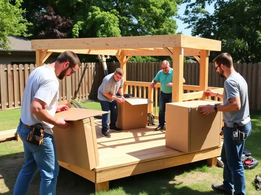 Deck builder crew assembling a kit in a backyard