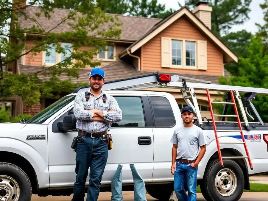 Roofing contractor crew in front of home with truck and ladders