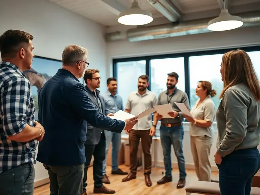 Sales team reviewing plans during training