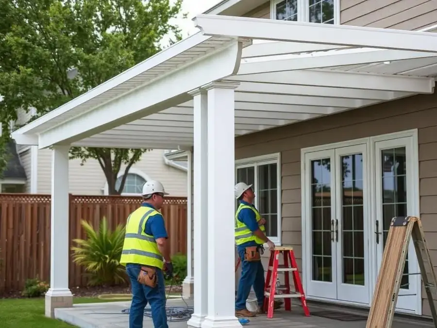Crew assembling a patio cover
