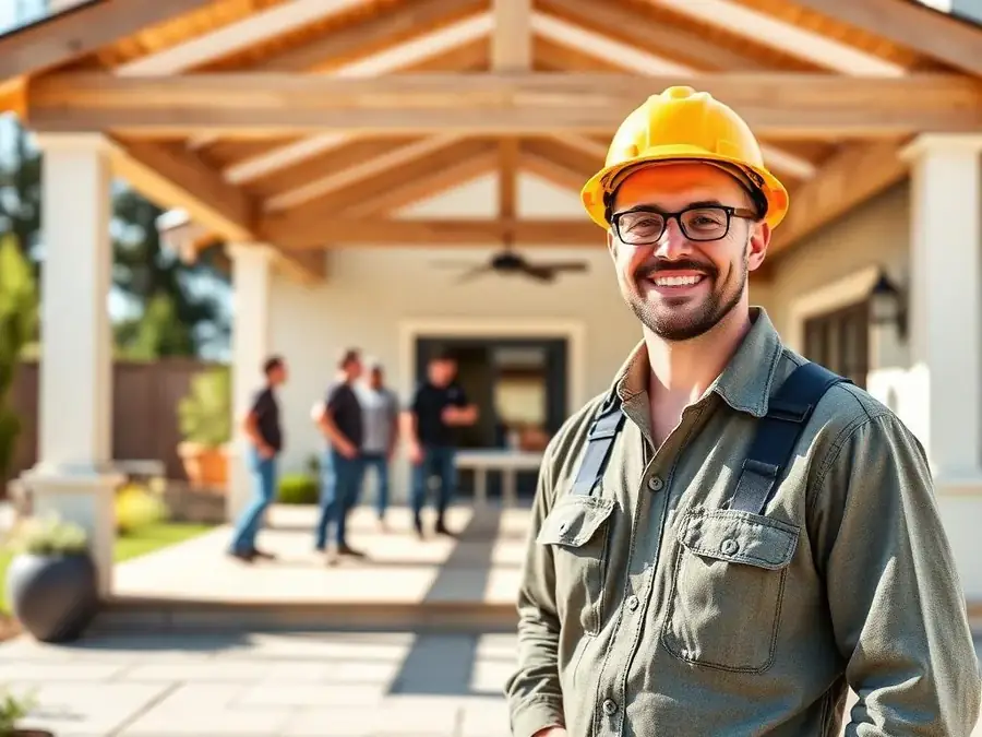 Exterior remodeler crew leader at a completed patio project