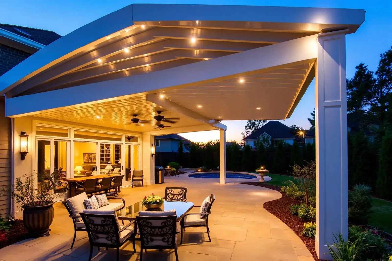 Luxury backyard patio build with aluminum cover
