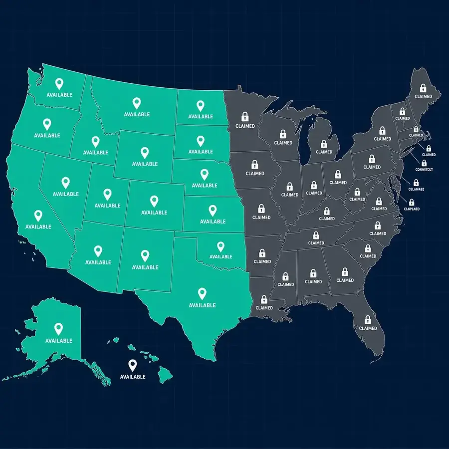Map of the United States showing available and claimed exterior remodeling markets by state