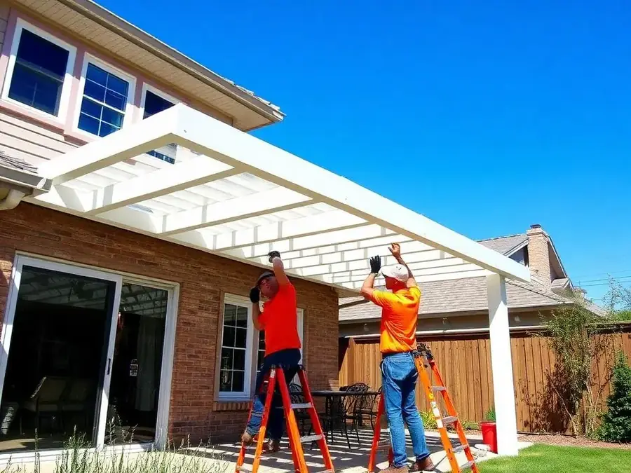Contractor crew installing a patio cover